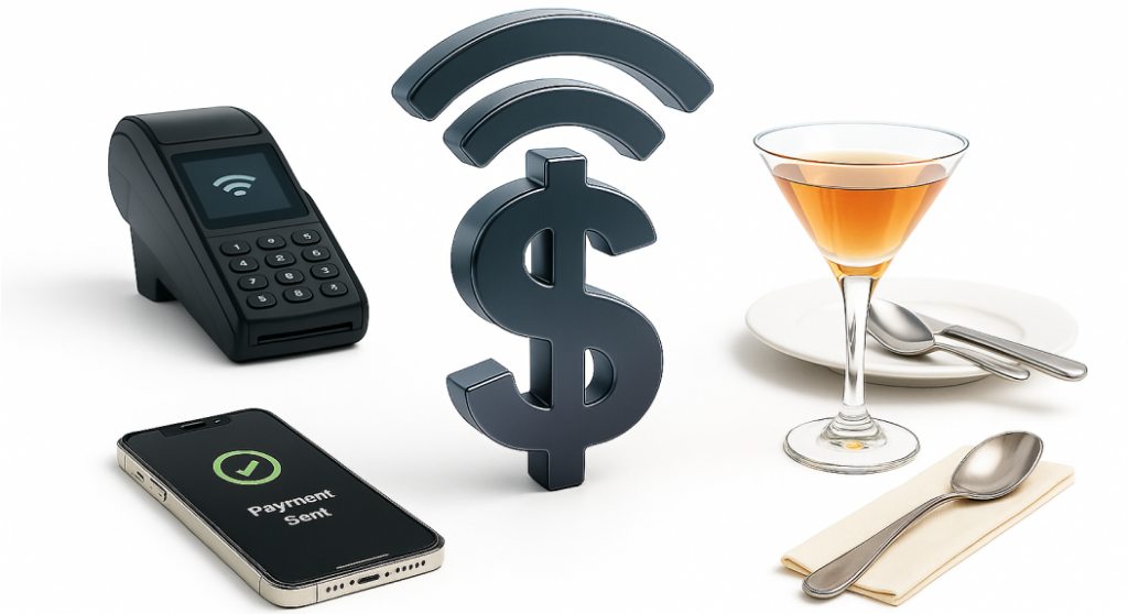 Black dollar sign with Wi-Fi signal lines surrounded by a payment terminal, smartphone, cocktail glass, and dining setup, symbolizing revenue from guest connectivity in restaurants.
