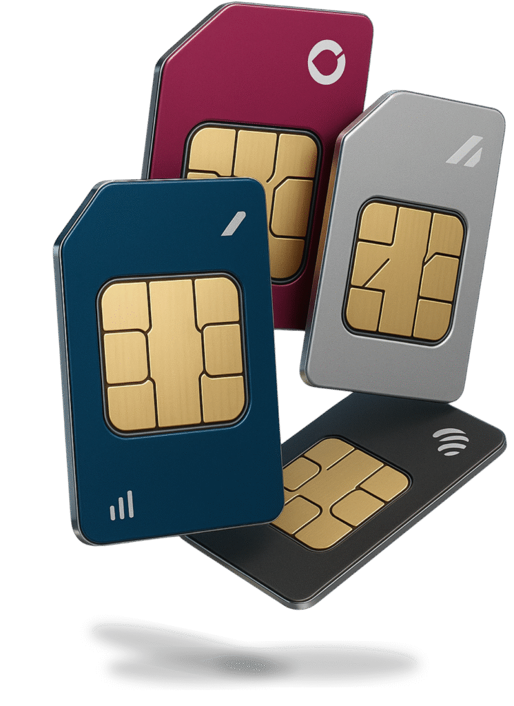 Four colorful SIM cards representing multi-carrier AT&T and T-Mobile connectivity