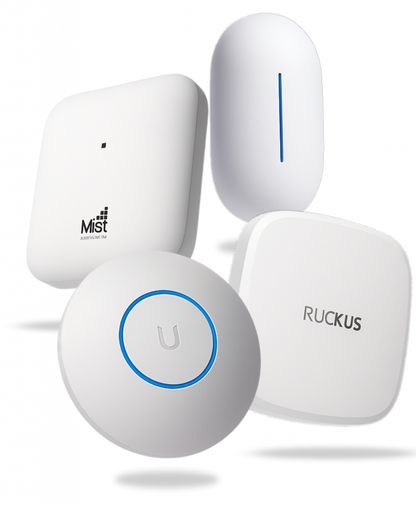 Four enterprise Wi-Fi access points from Ubiquiti Ruckus Mist and Aruba brands