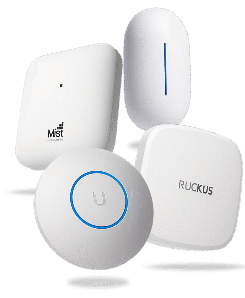 Four enterprise Wi-Fi access points from Ubiquiti Ruckus Mist and Aruba brands