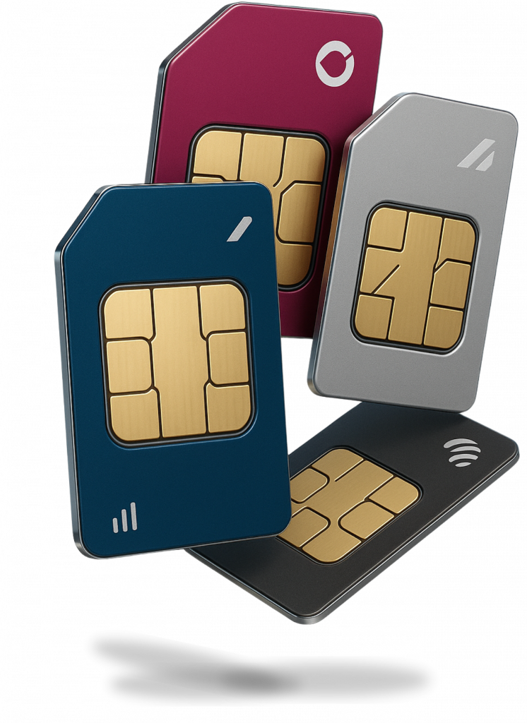 Four colorful SIM cards representing multi-carrier AT&T and T-Mobile connectivity