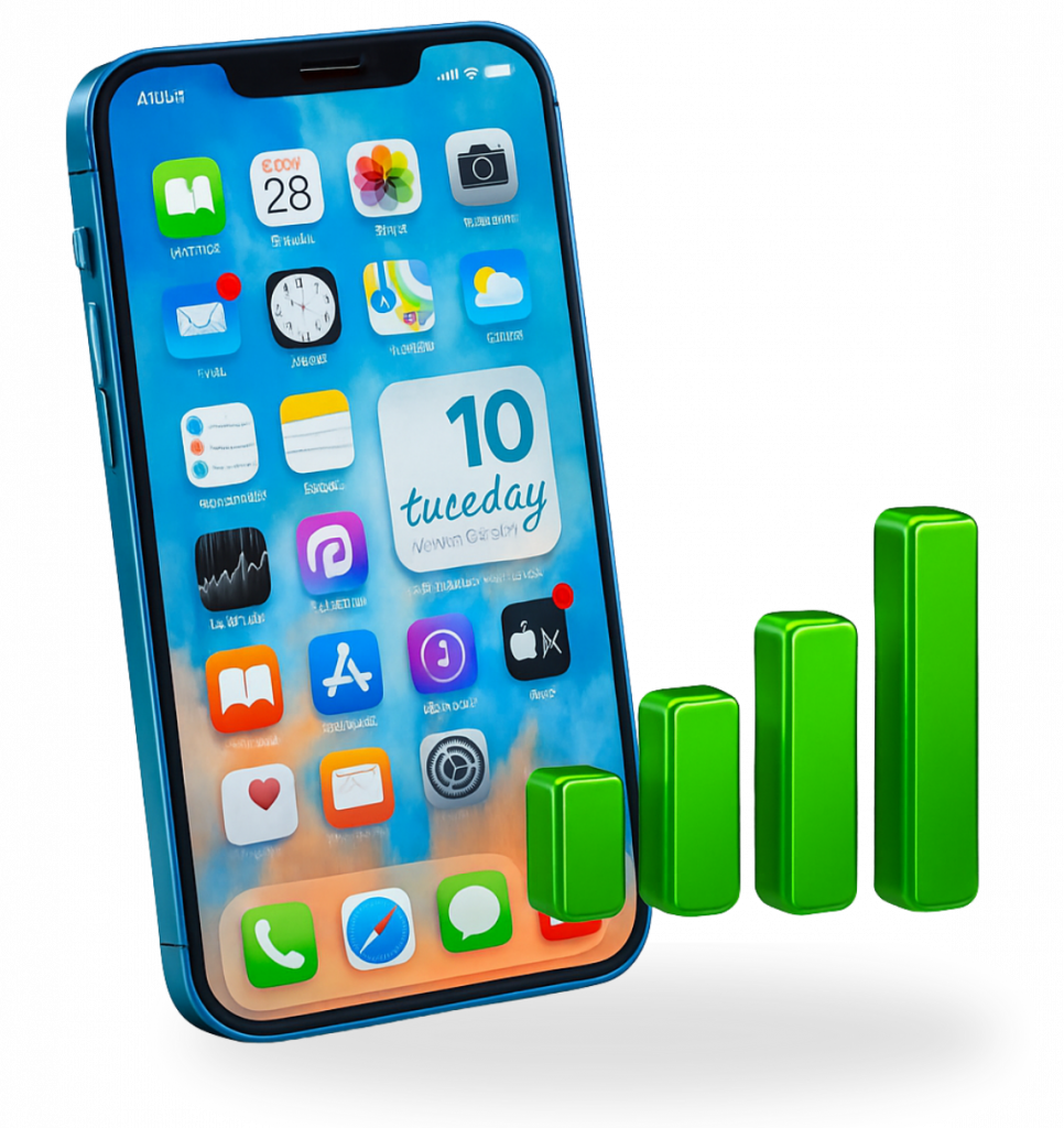 Blue smartphone with full green signal bars showing LongFi Connect site activation