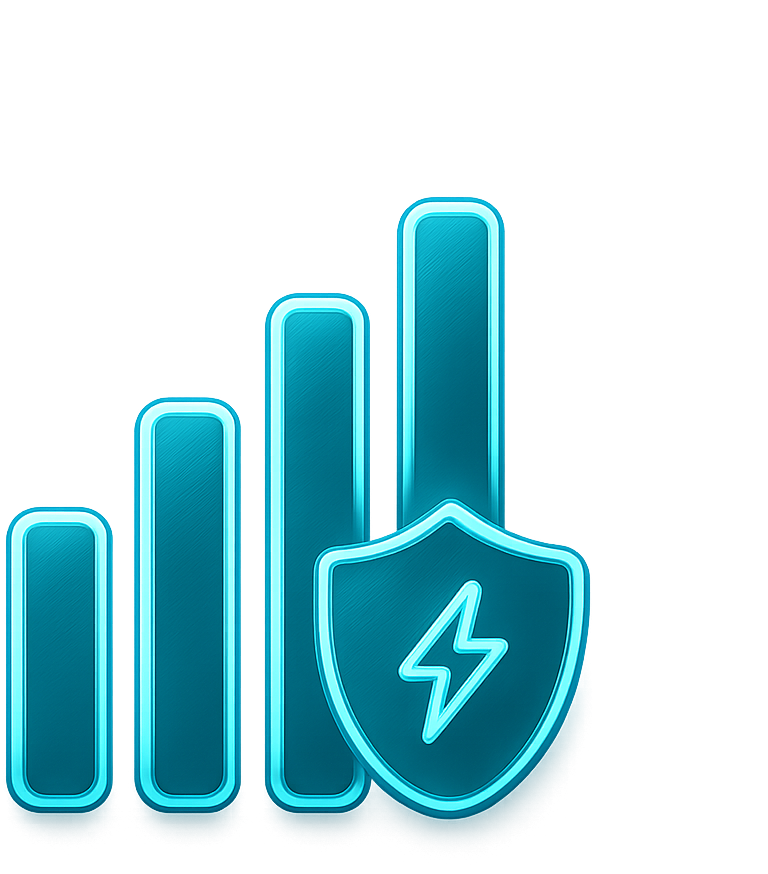 Teal 3D icon of signal bars with security shield for LongFi automatic authentication