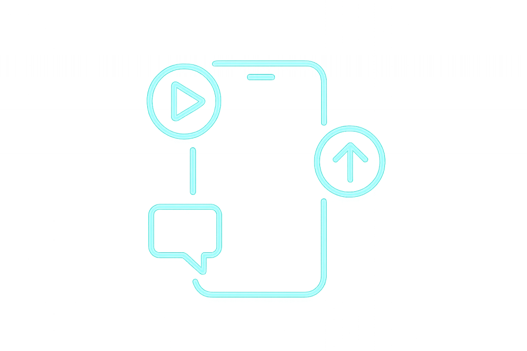 Teal line-art smartphone icon with play, chat, and upload activity symbols