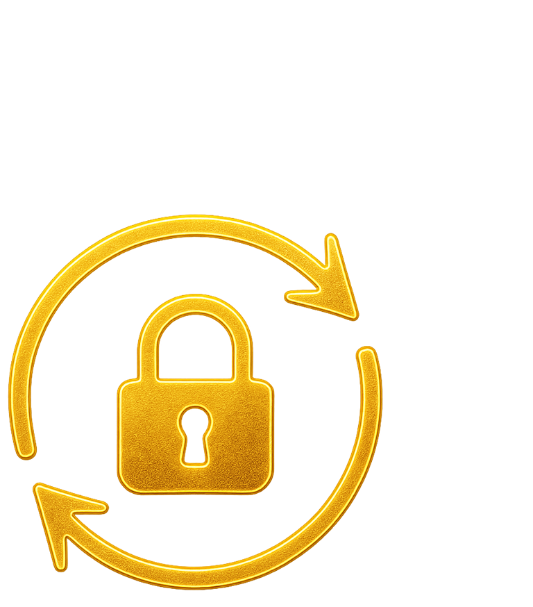 Gold 3D padlock with circular arrows representing secure data transport in LongFi Connect