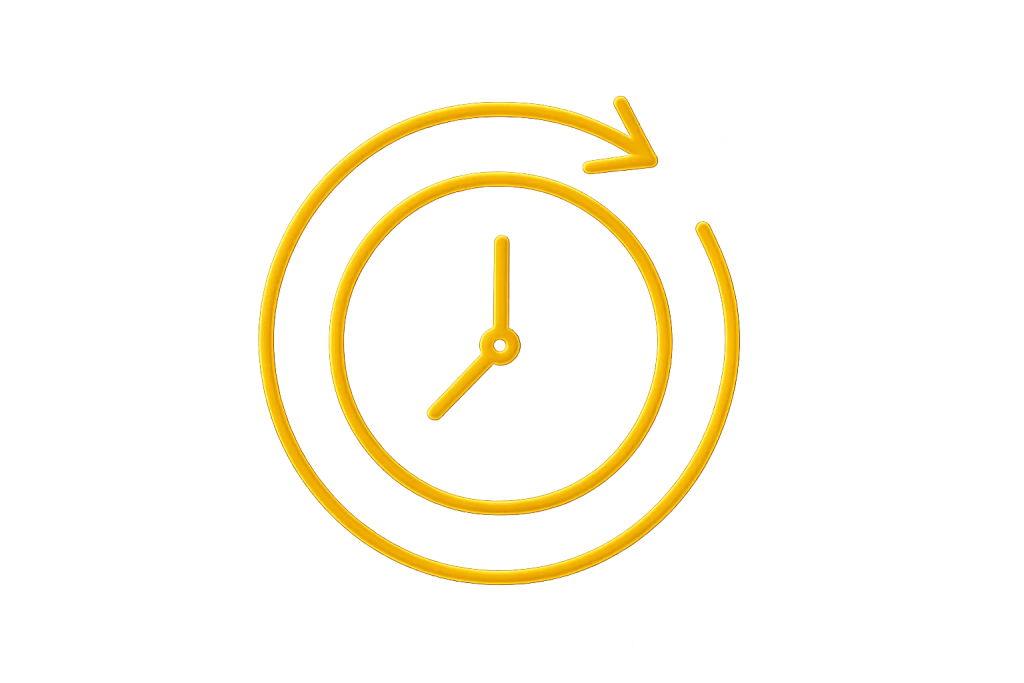 Gold line-art clock with circular arrow representing guest dwell time at venue