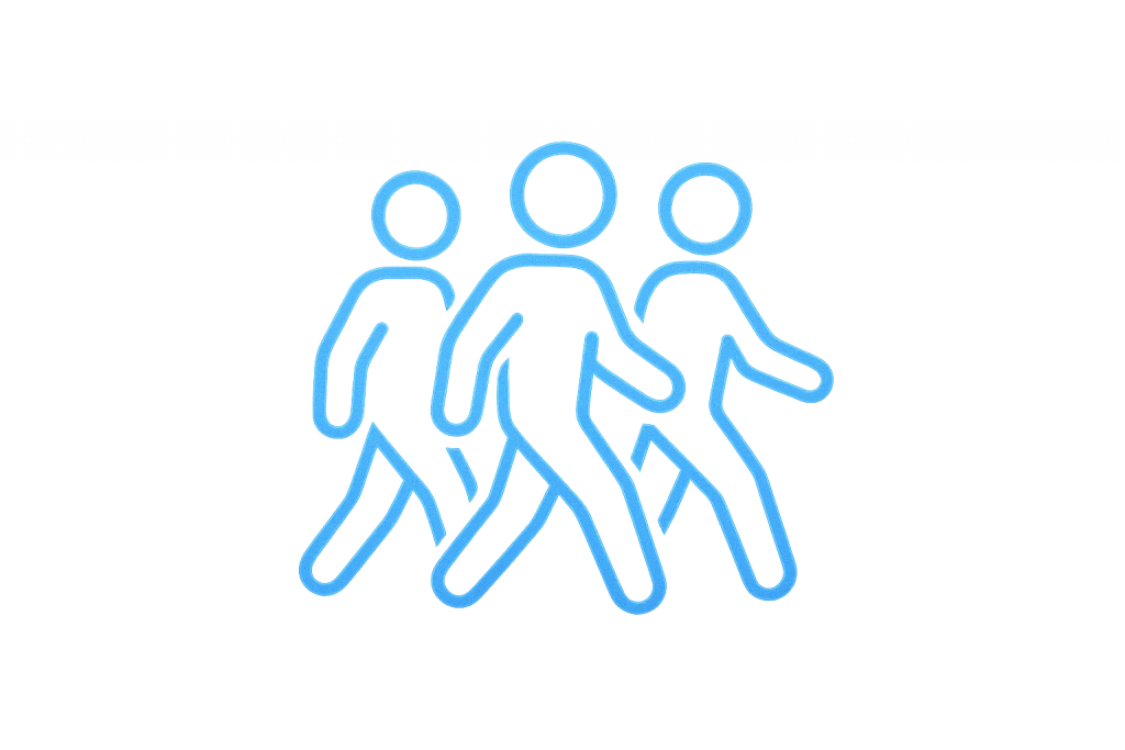 Blue line-art icon of three walking figures representing venue foot traffic