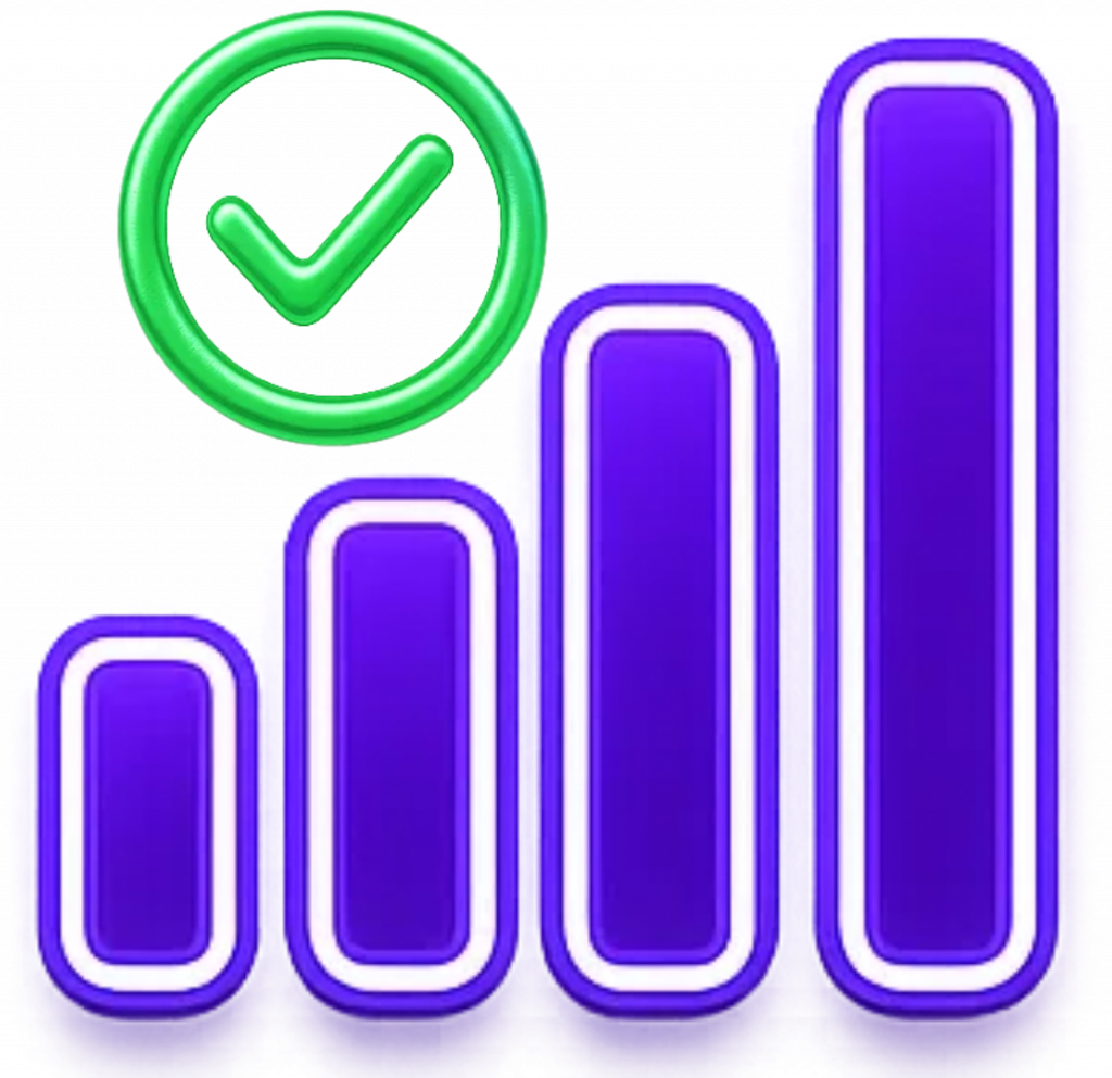 Full cellular signal bars with green checkmark icon representing excellent indoor connectivity