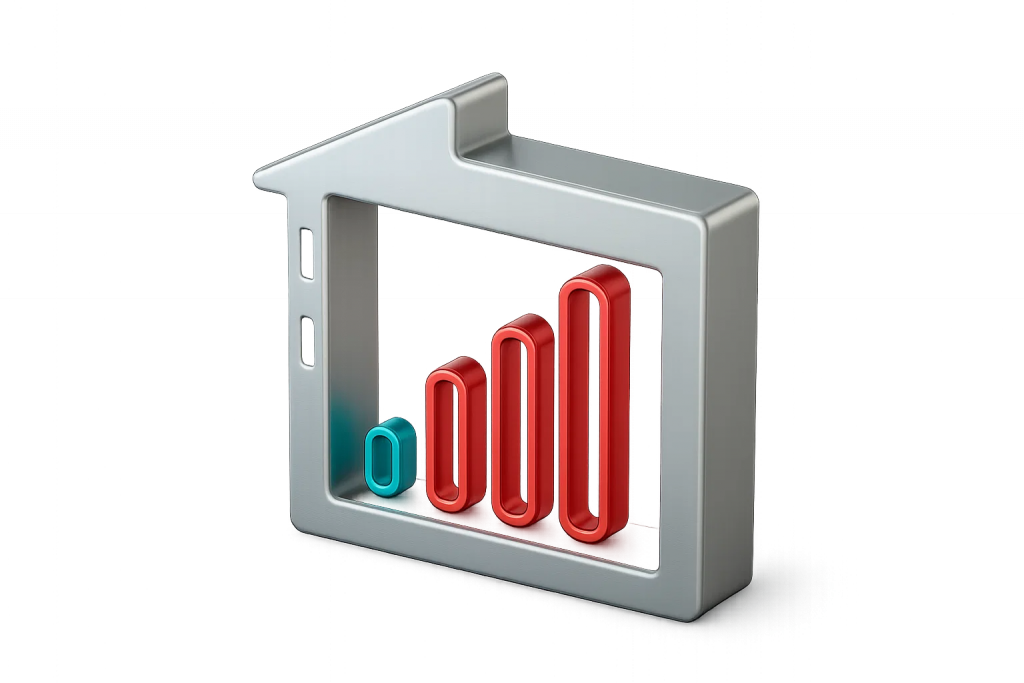 3D building frame with one weak signal bar and multiple strong red bars inside