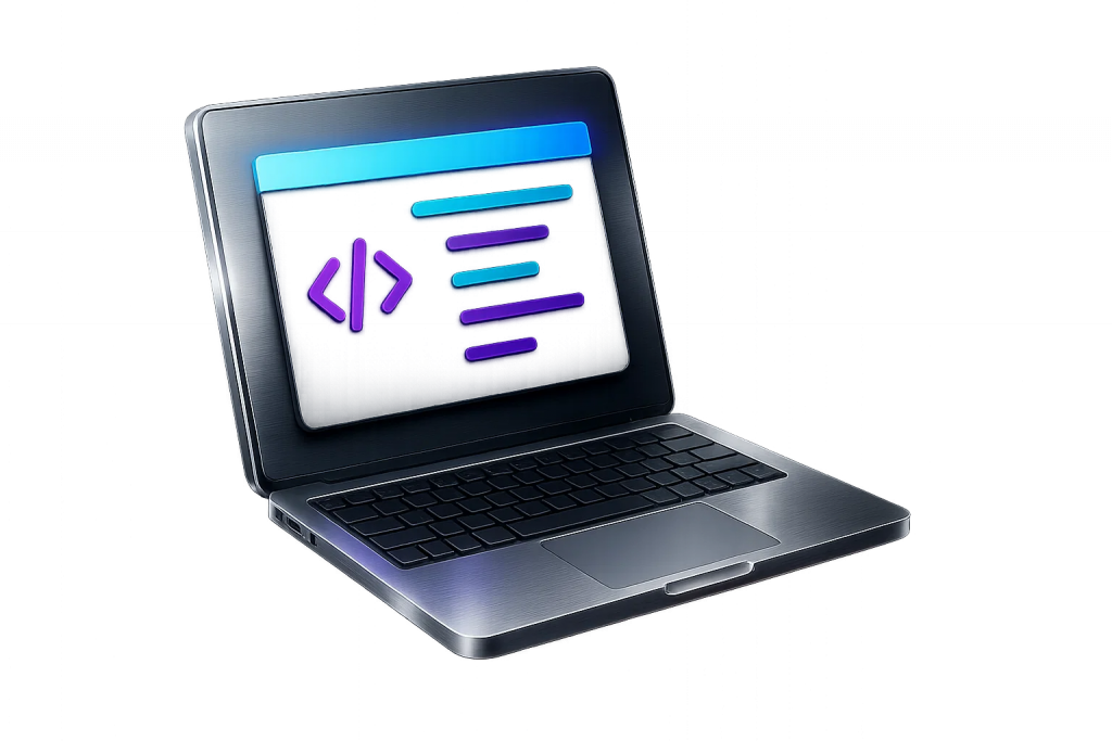 3D metallic laptop showing code and configuration interface on screen