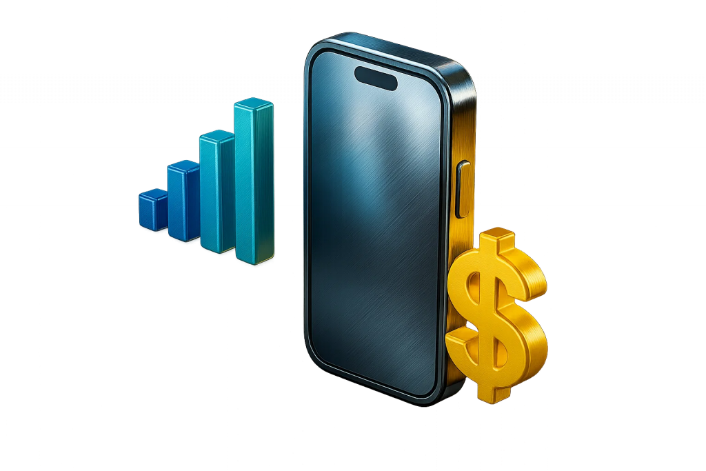 3D smartphone with cellular signal bars and gold dollar sign on grey background