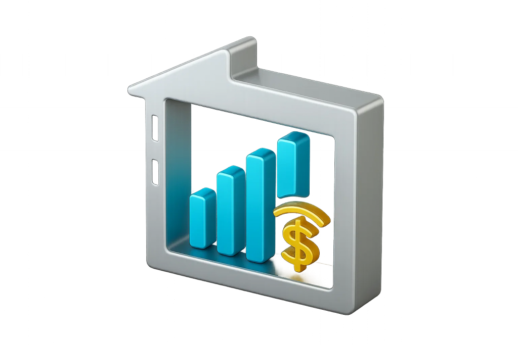3D venue building frame with rising blue signal bars and gold Wi-Fi dollar symbol