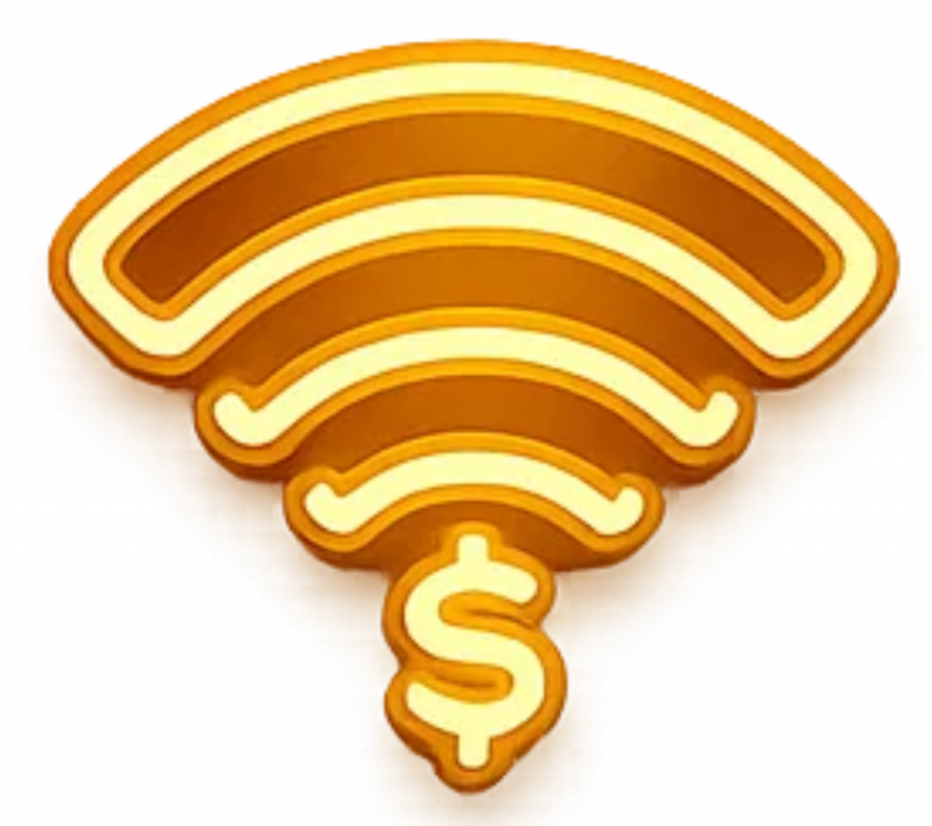 Gold Wi-Fi symbol with dollar sign representing venue Wi-Fi revenue monetization