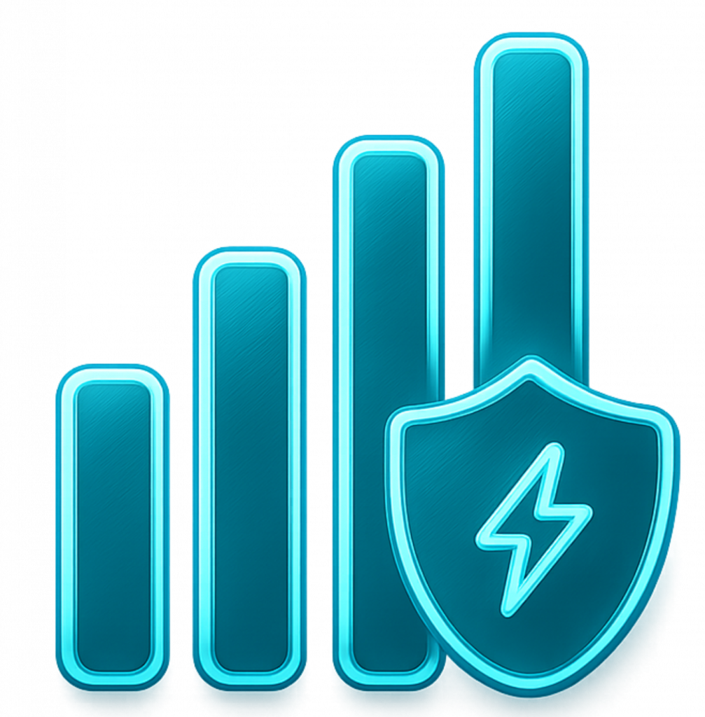 Blue teal signal bars with security shield and lightning bolt icon for carrier-grade connectivity