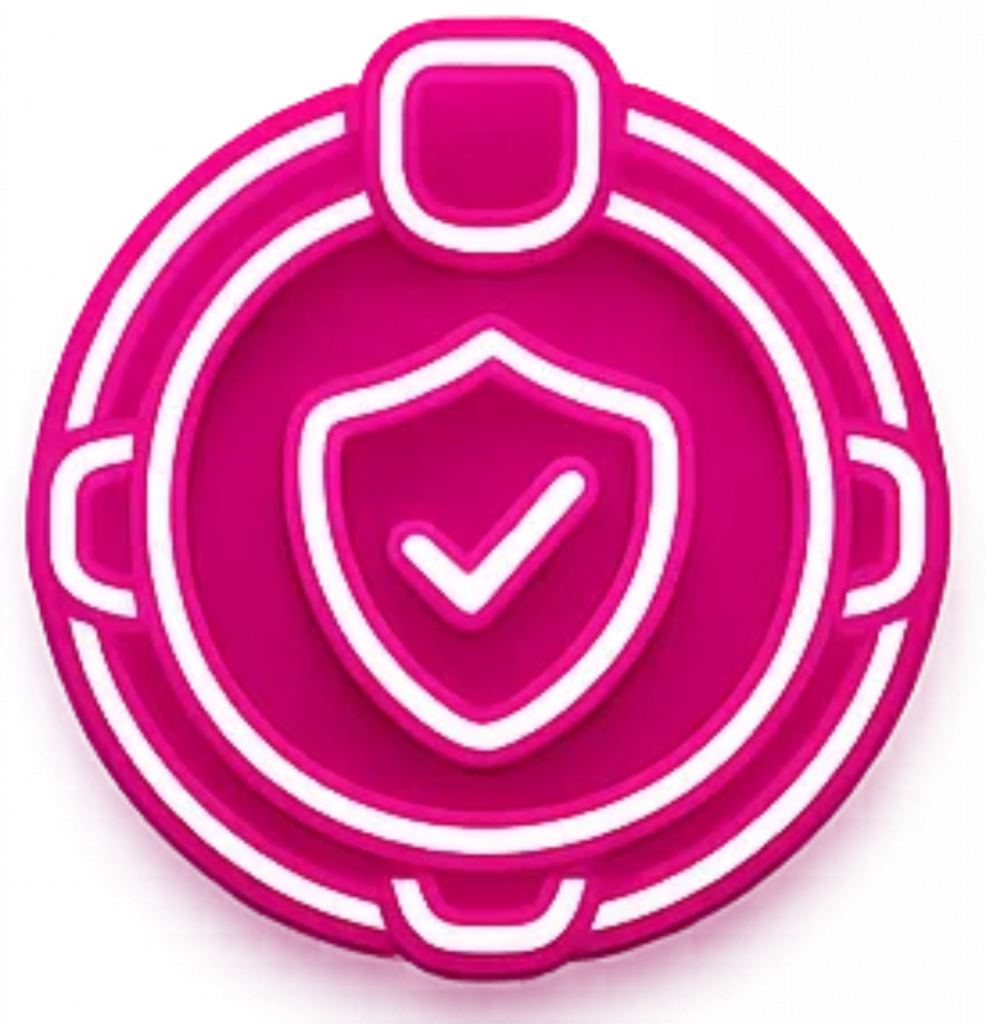 Pink shield with checkmark inside circular tech emblem representing managed network security