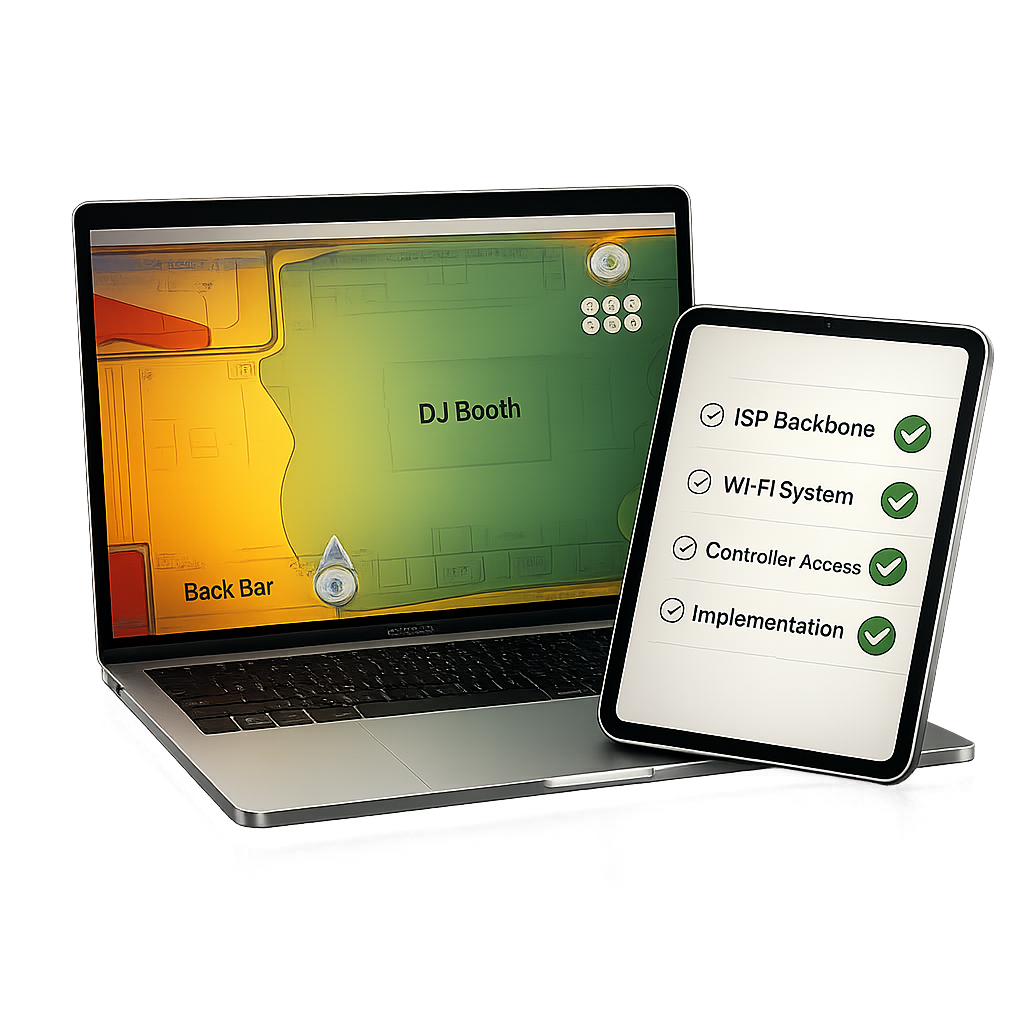 LongFi Connect site qualification showing Wi-Fi coverage map and checklist confirming ISP backbone, Wi-Fi system, controller access, and implementation readiness