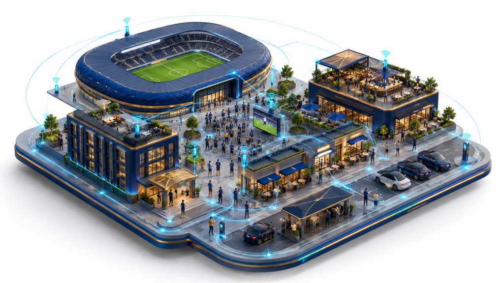 Isometric host-city district with a soccer stadium, hotel, restaurants, rooftop venue, fans, and connected Wi-Fi infrastructure for World Cup 2026 venue connectivity.
