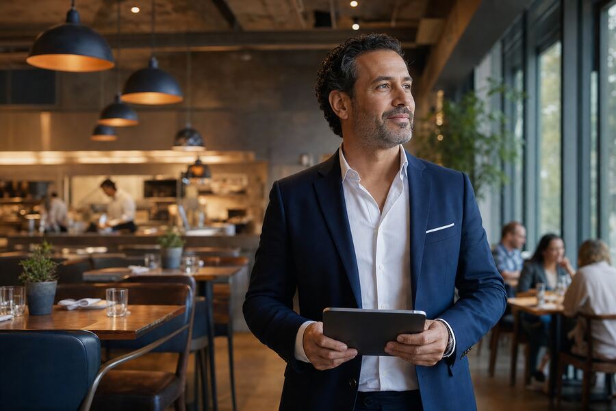 Restaurant owner reviewing results on a tablet while guests use their phones