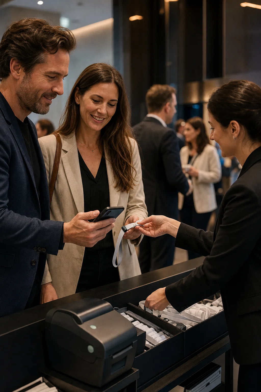 Guests checking in at a venue front desk with phones in hand