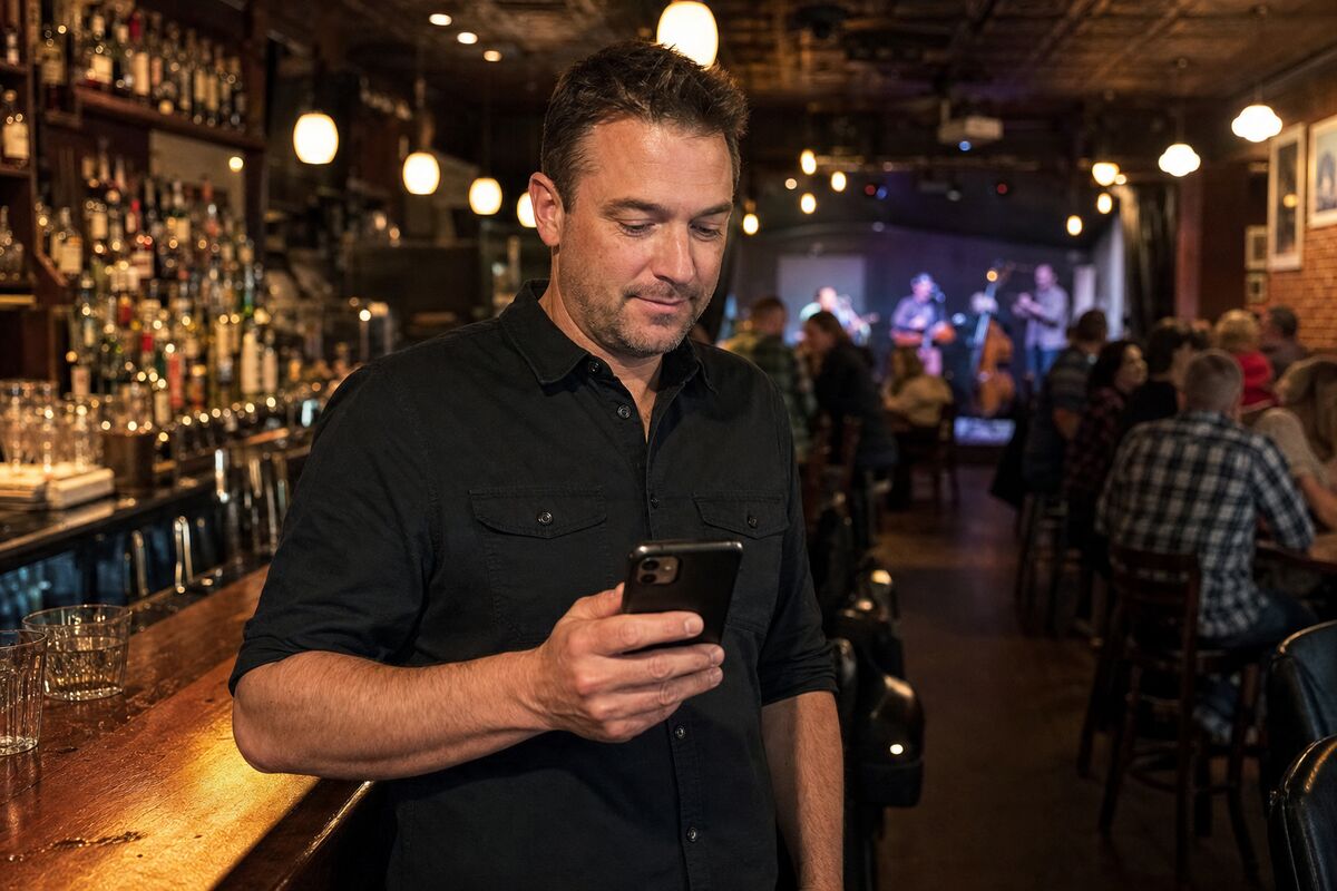 A downtown Easton business owner checking his phone inside his bar