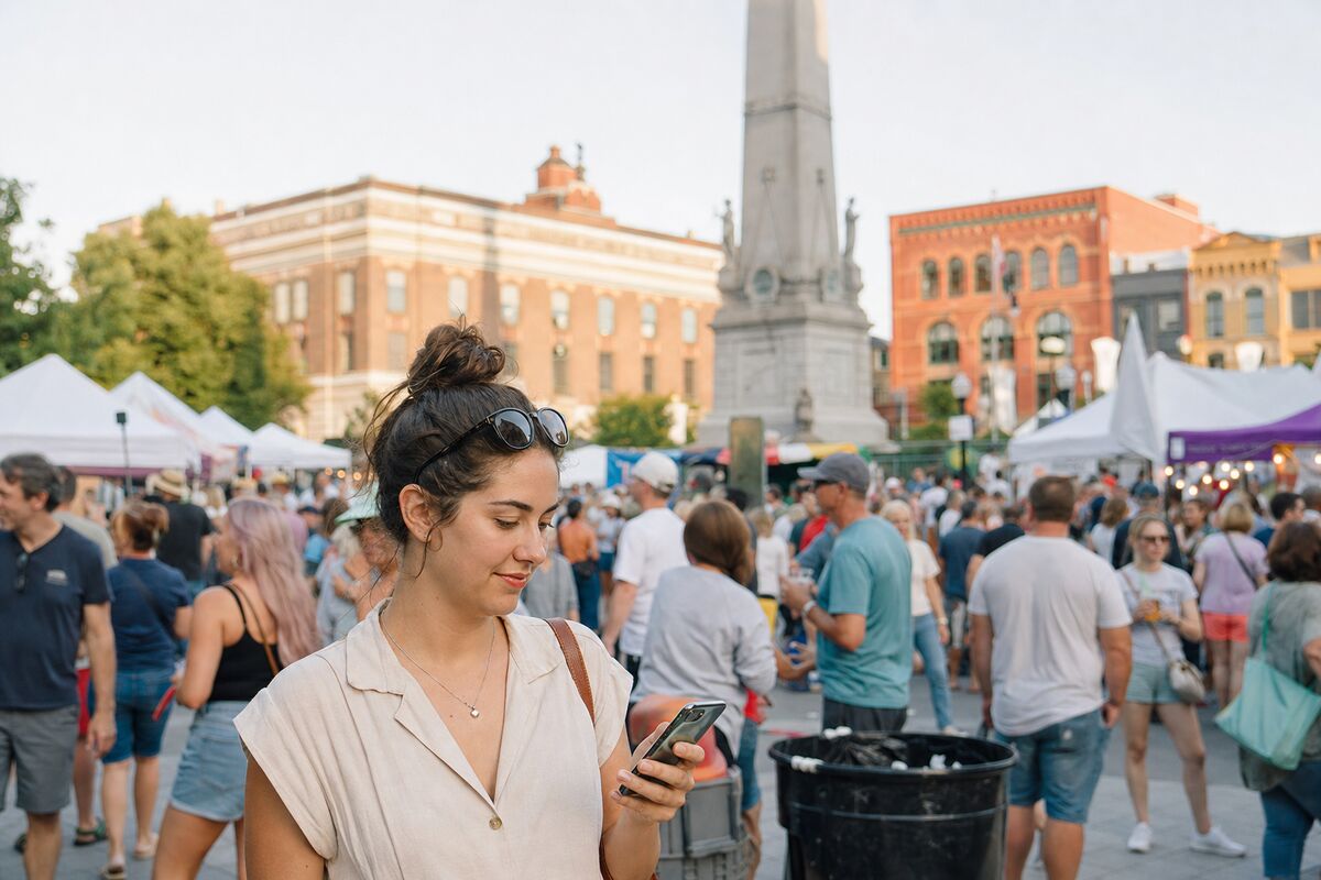 Someone messaging to find friends in the festival crowd at Centre Square
