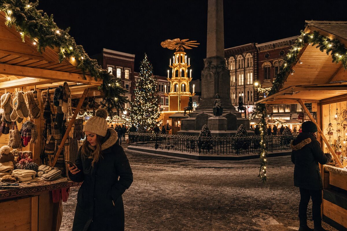 The Winter Village holiday market lit up at night in Easton