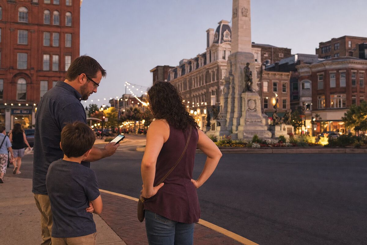 A family coordinating at a curb at dusk near Centre Square in Easton