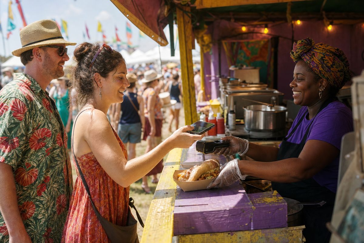 A festival-goer paying at a food booth by phone