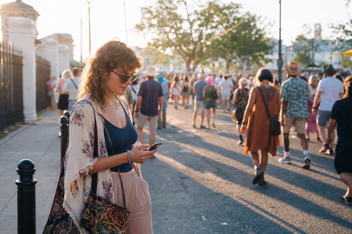 A festival-goer catching a rideshare on a phone
