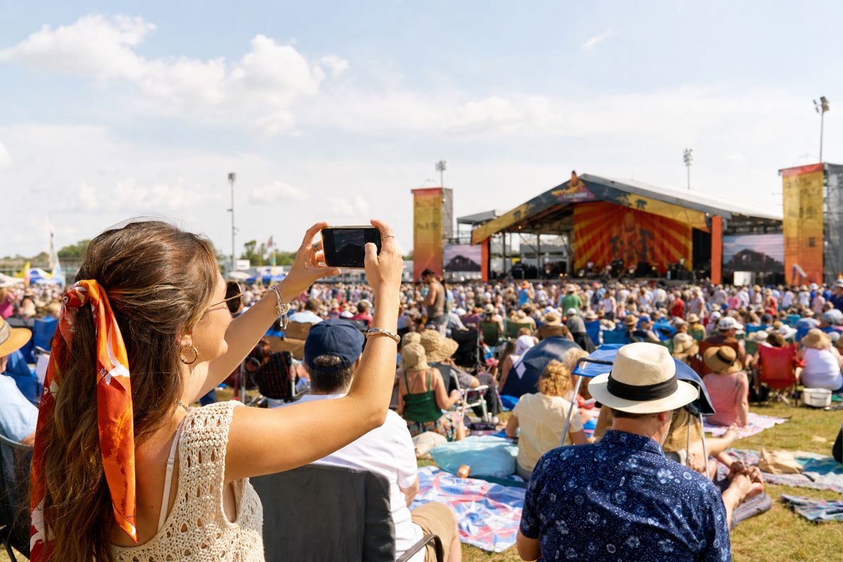 A festival-goer filming the stage on a phone