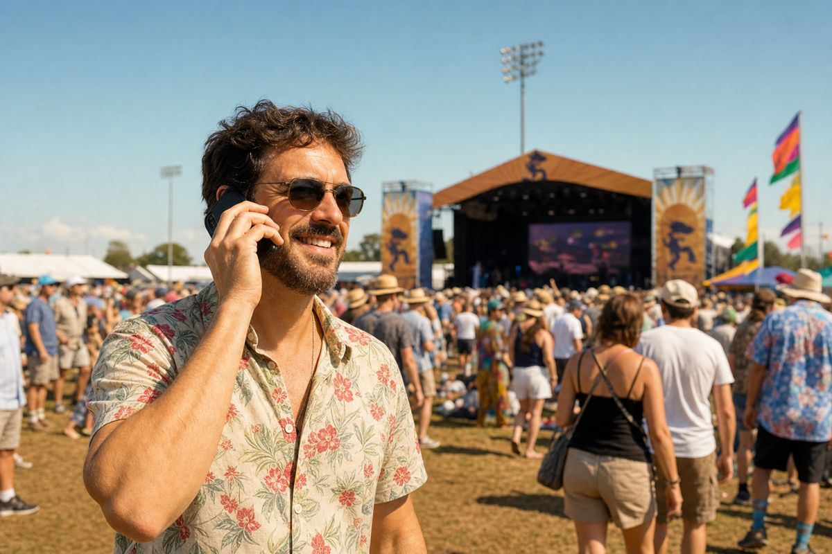 A festival-goer making a call in the crowd