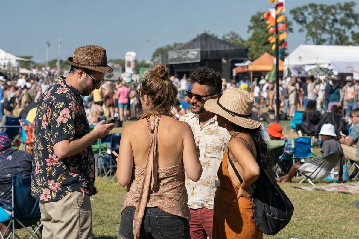 Friends coordinating by phone at the festival
