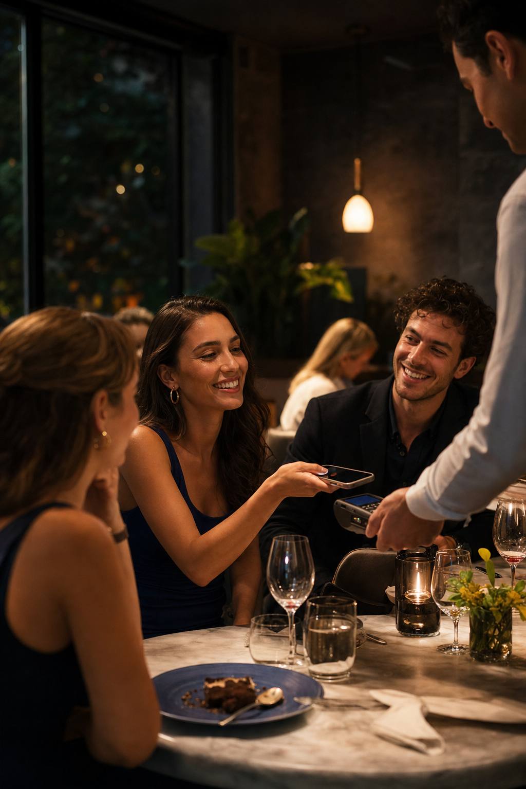 Guest paying from a mobile phone at a table