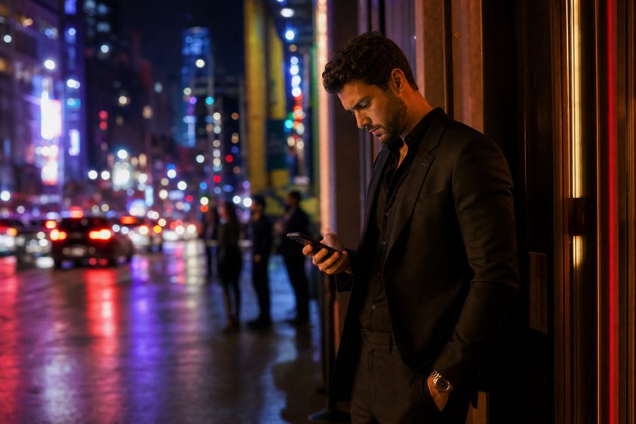 A guest checking a phone to catch a ride