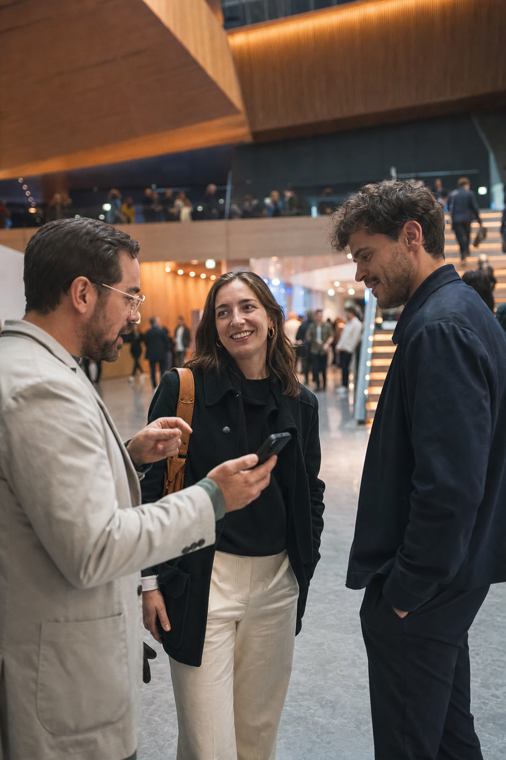 Guests connected on their phones during a lively event at a large event center venue