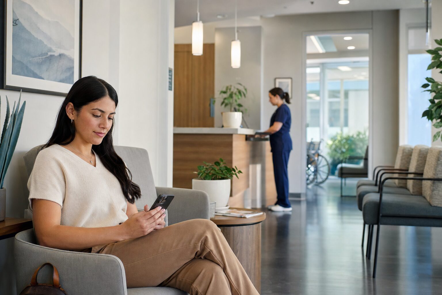 Patients seated in a bright hospital clinic waiting room staying connected on their phones with a doctor nearby