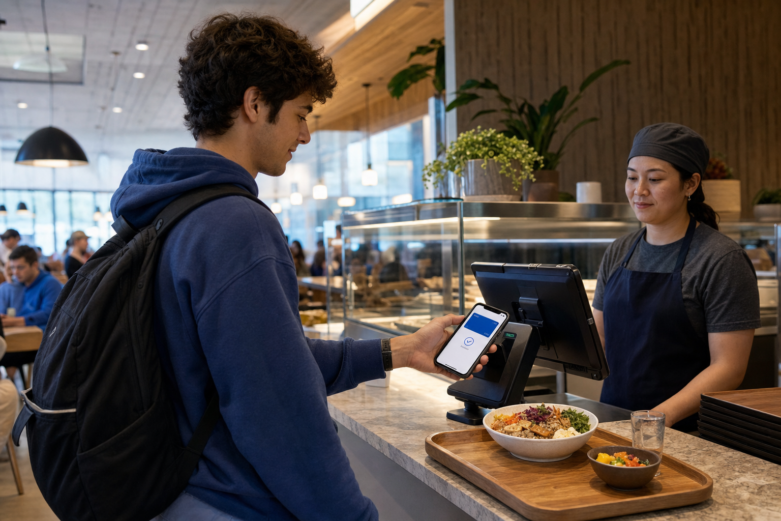 Students and faculty connected on mobile devices across a busy education campus