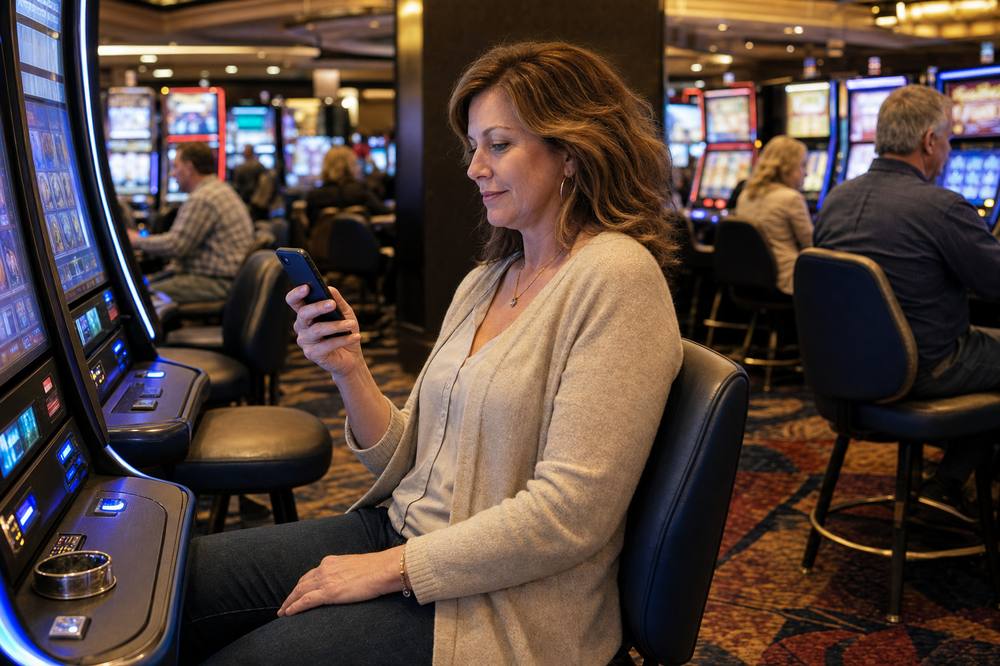 Casino guest checking a mobile app at a slot machine