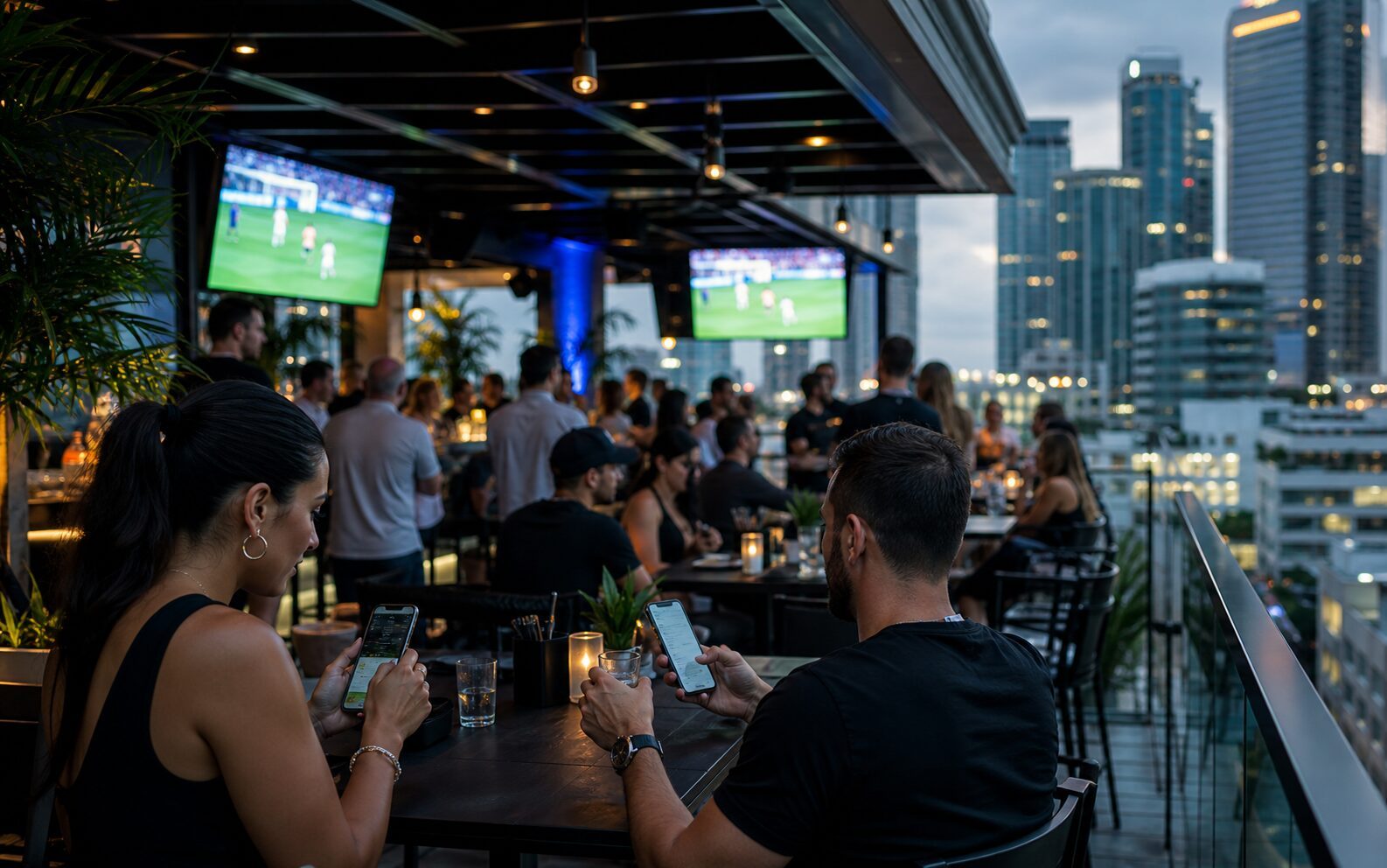 Fans on their phones in a match-day crowd near the Houston venues