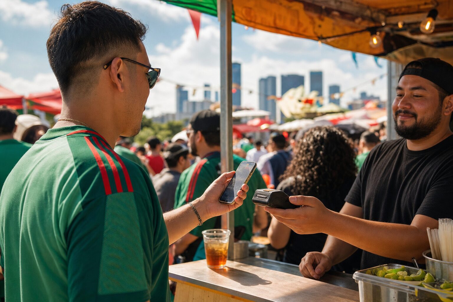 A fan using contactless phone payment at a World Cup fan festival stand