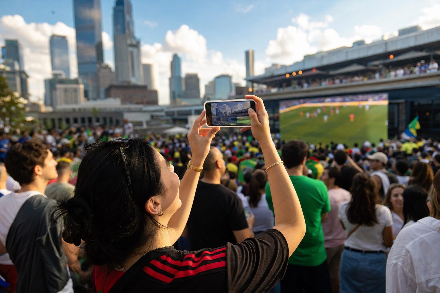 A fan filming the match on a phone in a Houston crowd