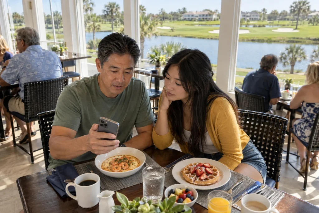 A father and his adult daughter check the route for the day on a phone over breakfast in a sunroom restaurant