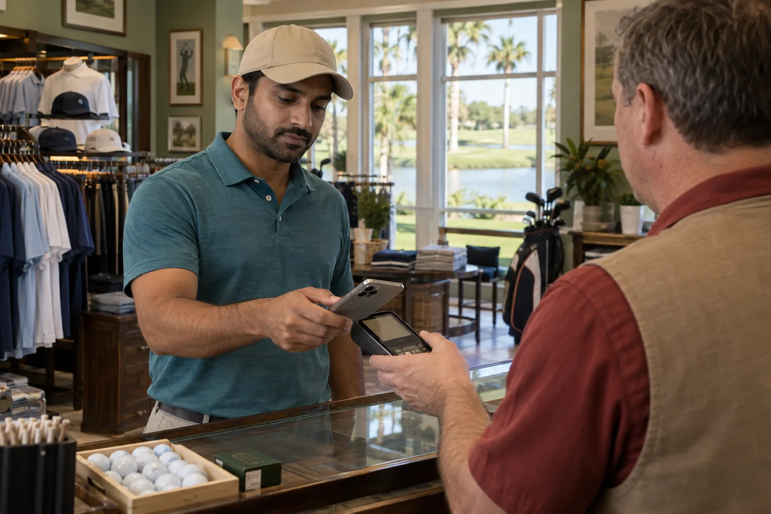 A golfer pays with his phone at the counter of a resort golf shop