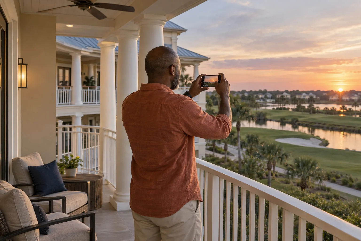 A guest on a covered lodge balcony photographs the sunset over a golf course lagoon