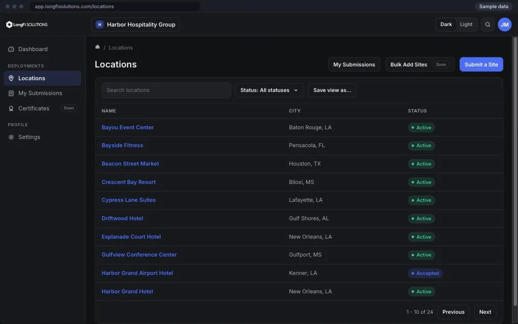Relay Locations list with the Submit a Site button, sample portfolio