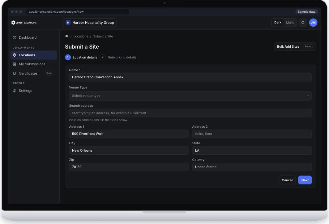 Relay Submit a Site form on a laptop, step one of two, with sample location details