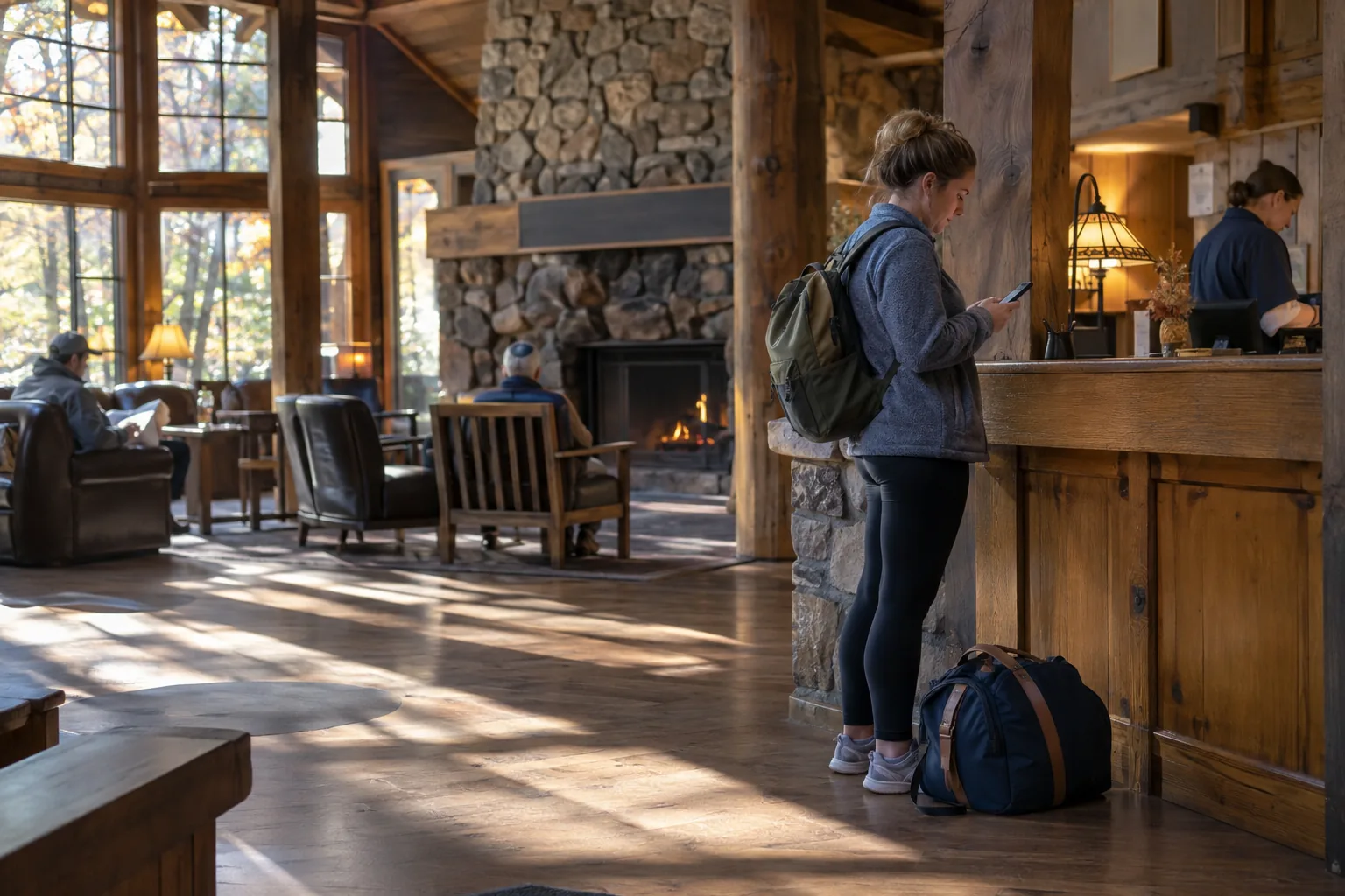 A guest checking a phone in a state park lodge lobby at arrival, where indoor cell signal is often weakest