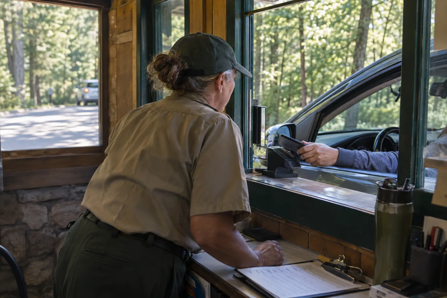 A visitor paying by phone at a state park entrance station, a transaction that depends on indoor cell signal