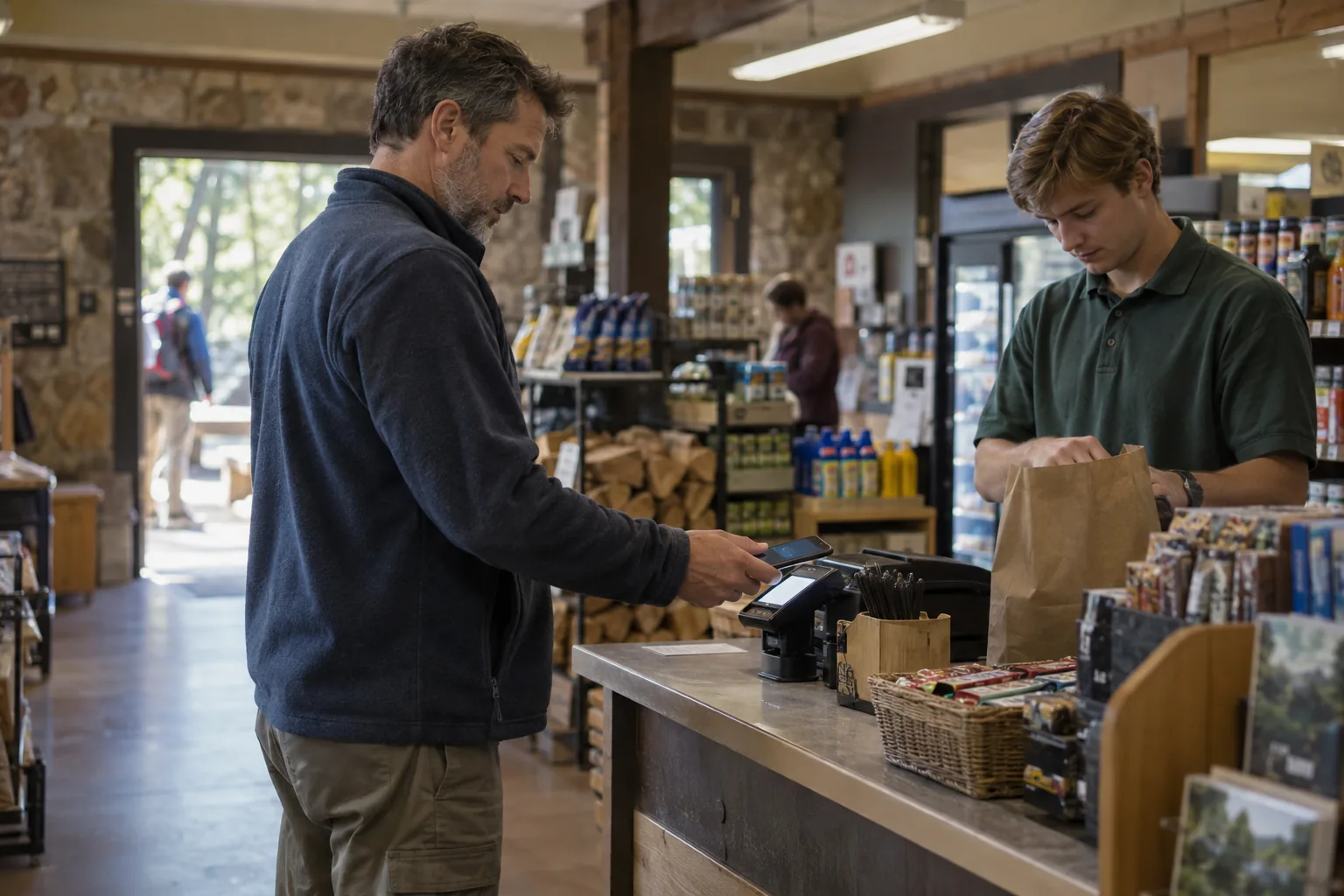A camp store checkout counter inside a state park, where payment relies on a working cellular connection