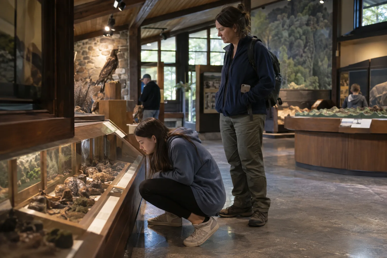 Visitors using phones in a state park nature center exhibit hall where interpretive programming has moved online